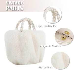 Luxuriously Soft Braided Handle Faux Fur White Handbag