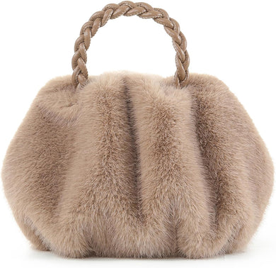 Luxuriously Soft Braided Handle Faux Fur Brown Handbag