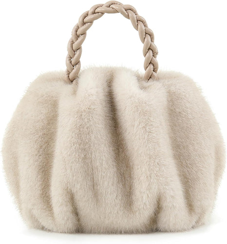 Luxuriously Soft Braided Handle Faux Fur Beige Handbag