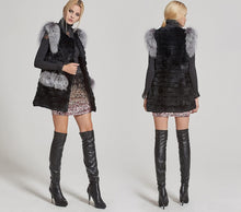 Load image into Gallery viewer, Black &amp; Silver Genuine Rabbit Fur Coat With Fox Fur Sleeveless Winter Vest