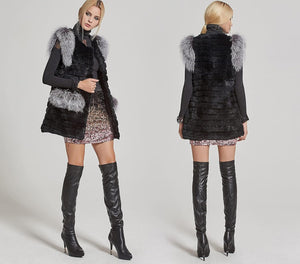 Black & Silver Genuine Rabbit Fur Coat With Fox Fur Sleeveless Winter Vest
