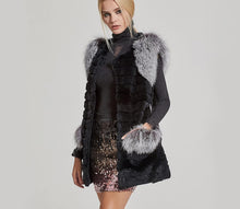 Load image into Gallery viewer, Black &amp; Silver Genuine Rabbit Fur Coat With Fox Fur Sleeveless Winter Vest