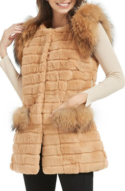 Camel Brown Genuine Rabbit Fur Coat With Fox Fur Sleeveless Winter Vest