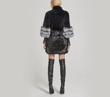 Load image into Gallery viewer, Black &amp; Silver Genuine Rabbit Fur With Fox Fur Long Sleeve Coat