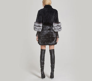 Black & Silver Genuine Rabbit Fur With Fox Fur Long Sleeve Coat