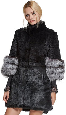 Black & Silver Genuine Rabbit Fur With Fox Fur Long Sleeve Coat