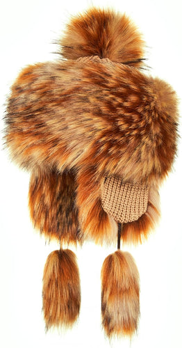 Russian Faux Fur Honey Brown Lined Winter Knit Trapper Hat