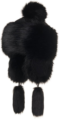 Russian Faux Fur Black Lined Winter Knit Trapper Hat