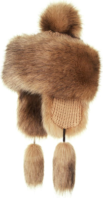 Russian Faux Fur Beige/Brown Lined Winter Knit Trapper Hat