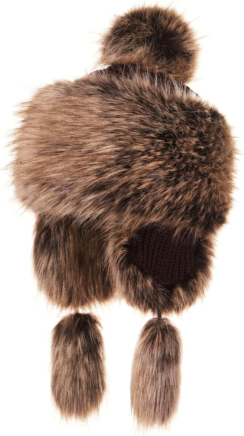 Russian Faux Fur Ginger Brown Lined Winter Knit Trapper Hat
