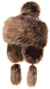 Russian Faux Fur Beige/Brown Lined Winter Knit Trapper Hat