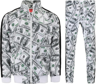Men's Money Print Long Sleeve Full Zip Hoodie Jogging Sweatsuit/Tracksuit