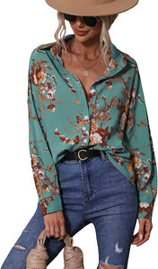 Floral Collar Chic Green Button Down Long Sleeve Top