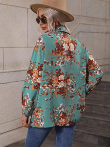 Floral Collar Chic Green Button Down Long Sleeve Top