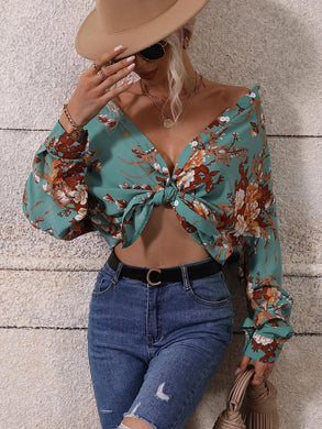 Floral Collar Chic Green Button Down Long Sleeve Top
