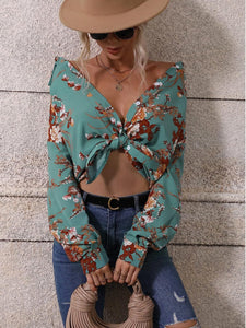 Floral Collar Chic Green Button Down Long Sleeve Top