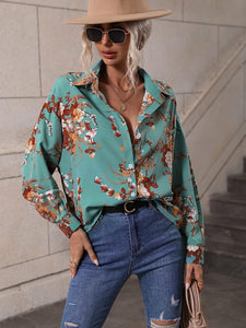 Floral Collar Chic Green Button Down Long Sleeve Top