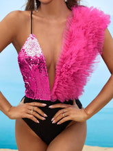 Load image into Gallery viewer, Stylish Black/Pink Deep V Halter Two Tone Ruffled Bodysuit