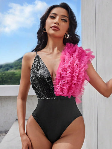 Stylish Black/Pink Deep V Halter Two Tone Ruffled Bodysuit