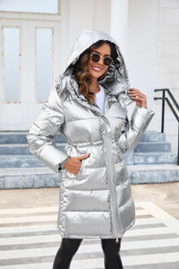 Winter Puffer Pink Long Sleeve Silver Removable Hooded Coat