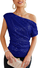 Load image into Gallery viewer, Sparkling Silver Asymmetrical Short Sleeve Sequin Top