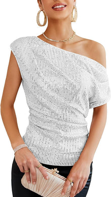 Sparkling Silver Asymmetrical Short Sleeve Sequin Top