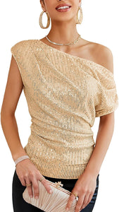 Sparkling Silver Asymmetrical Short Sleeve Sequin Top