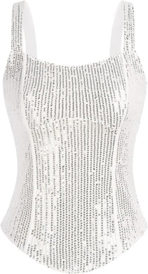 Sequin Silver Bustier Square Neck Sleeveless Top
