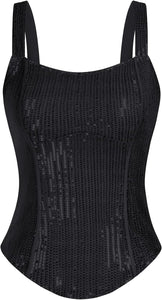 Sequin Black Bustier Square Neck Sleeveless Top
