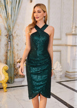 Load image into Gallery viewer, Black Halter Holiday Party Sequin Sleeveless Midi Dress