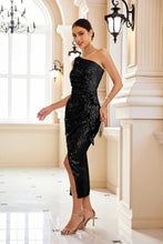 Load image into Gallery viewer, Sparkling Black Sequin One Shoulder Midi Dress