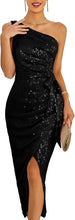 Load image into Gallery viewer, Sparkling Black Sequin One Shoulder Midi Dress