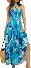 Load image into Gallery viewer, Summer Chic Blue Mosaic Halter Sleeveless Floral Maxi Dress