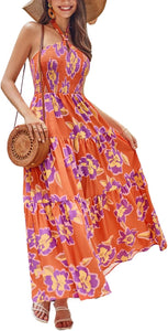 Summer Chic Yellow Orange Paisley Halter Floral Maxi Dress