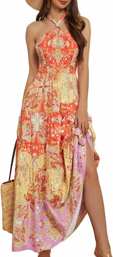 Summer Chic Yellow Orange Paisley Halter Floral Maxi Dress