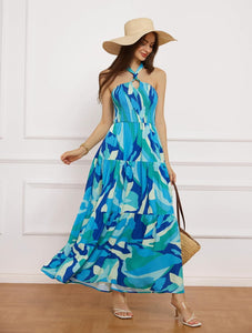 Summer Chic Blue Mosaic Halter Sleeveless Floral Maxi Dress