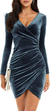 Load image into Gallery viewer, Designer Style Velvet Blue Long Sleeve Wrap Dress