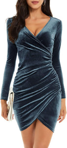 Designer Style Velvet Blue Long Sleeve Wrap Dress