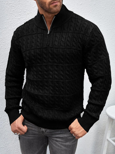 Men's Black Textured Zip Up Long Sleeve Sweater