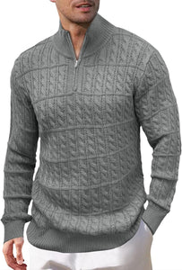 Men's Navy Blue Textured Zip Up Long Sleeve Sweater