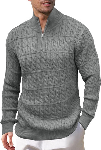 Men's Grey Textured Zip Up Long Sleeve Sweater