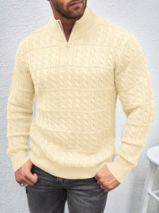 Men's Navy Blue Textured Zip Up Long Sleeve Sweater
