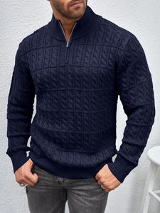 Men's Grey Textured Zip Up Long Sleeve Sweater