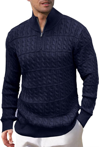 Men's Navy Blue Textured Zip Up Long Sleeve Sweater