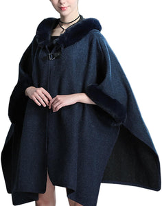 Stylish Navy Blue Wool Hooded Fur Poncho Cardigan