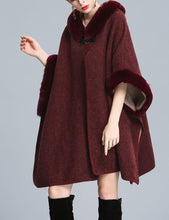 Load image into Gallery viewer, Stylish Burgundy Red Wool Hooded Fur Poncho Cardigan