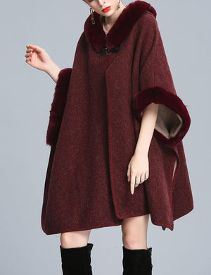 Stylish Burgundy Red Wool Hooded Fur Poncho Cardigan