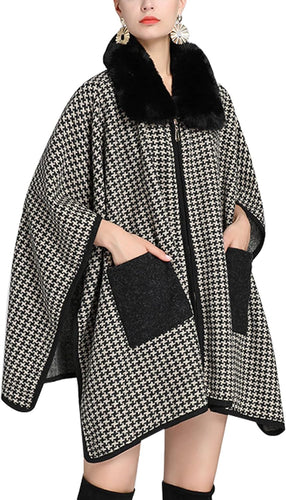 Stylish Black & White Checkered Wool Hooded Fur Poncho Cardigan