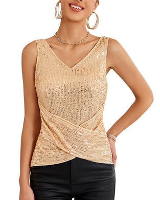 Gold Sequin Wrap Style Sleeveless Top