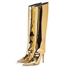 Load image into Gallery viewer, Gold Fashion Forward Metallic Knee High Stiletto Boots